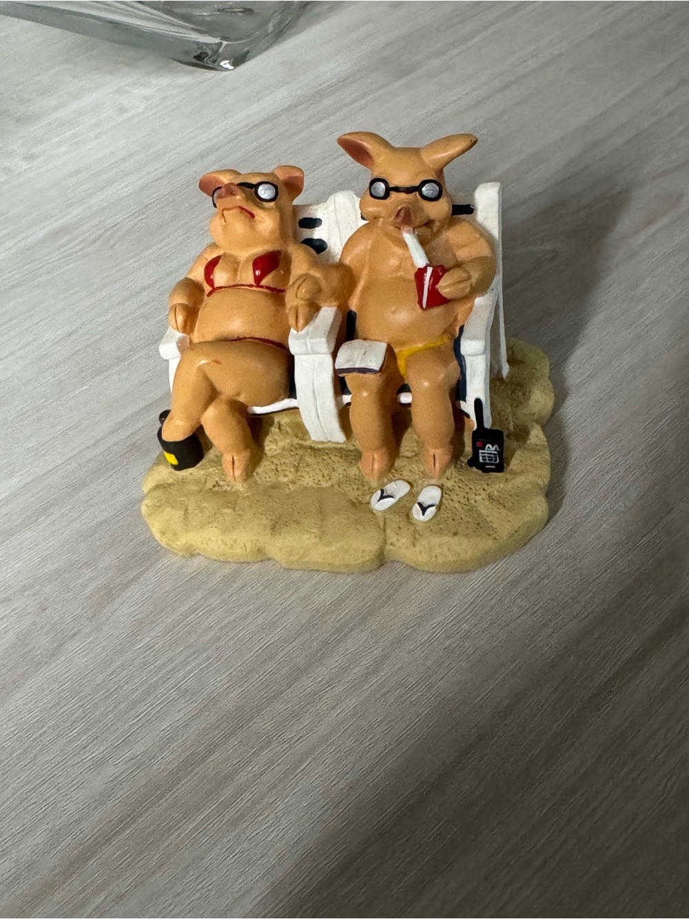 Pig Couple Beach Figurine in Tan, Red, Yellow